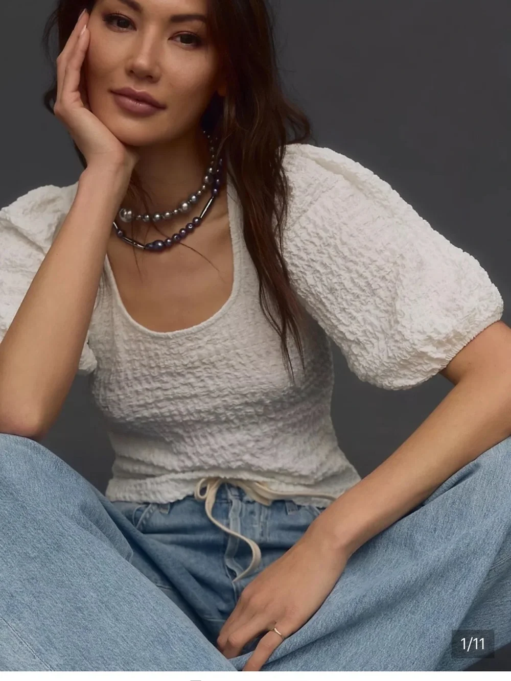 Anthropologie white Textured Puff-Sleeve Scoop Top medium